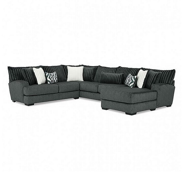Leighton Sectional L Sofa, Gray Chenille, 9 Throw Pillows, 139 Inch - Benzara