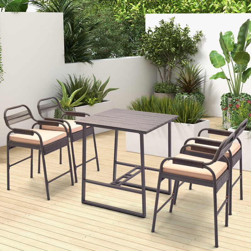 5 Piece Rattan Counter Set with 4 Stools and Polywood Bar Table
