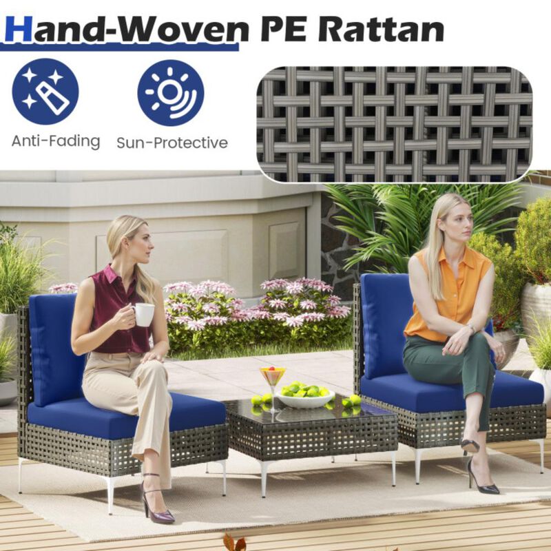 Hivvago 3 Pieces PE Rattan Conversation Chairs with Tempered Glass Coffee Table for Garden Porch