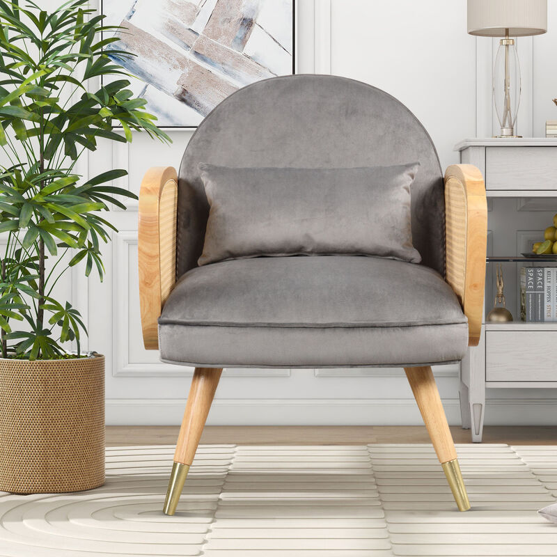 Armchair with Rattan Armrest and Metal Legs Upholstered Mid Century Modern Chairs for Living Room or Reading Room, Grey