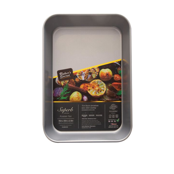 Baker's Secret Roasting Pan Steel 16"x11", Double Layers Non-stick Coating, Aluminized Steel, Dark Gray, Superb Collection