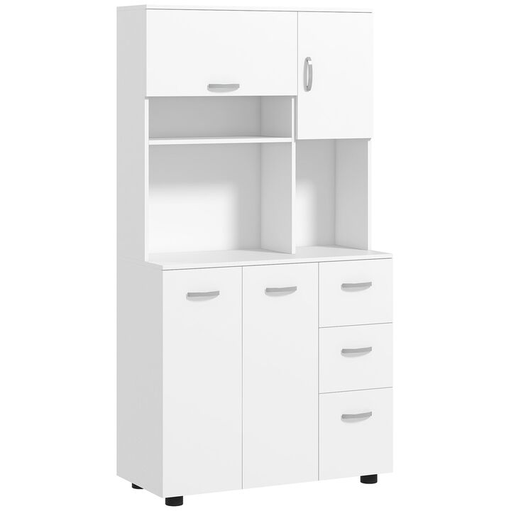 66" Kitchen Hutch Cabinet, Kitchen Pantry Cabinet with 2 Large Cabinets, Flip Up Door, 3 Drawers and Countertop, White