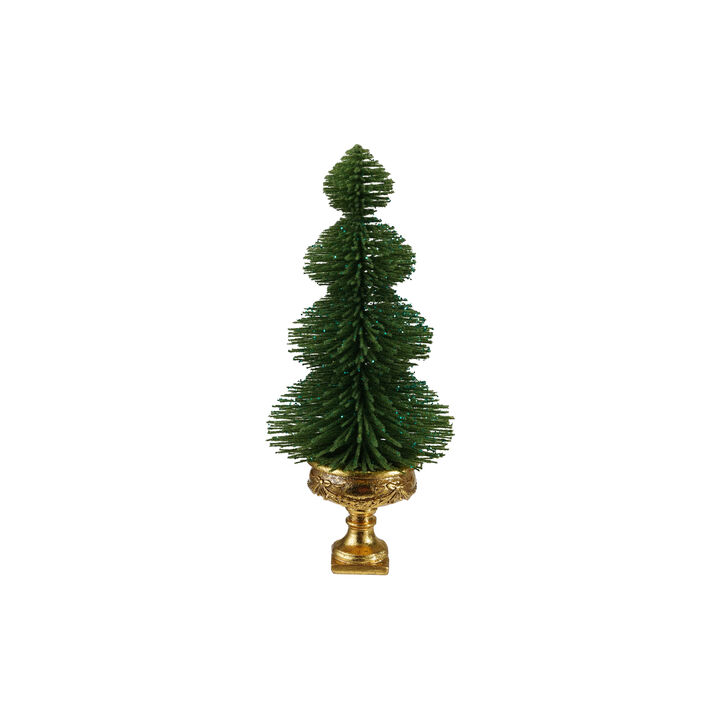 Glittered PVC Bottle Brush Tree in Resin Urn, Green & Gold