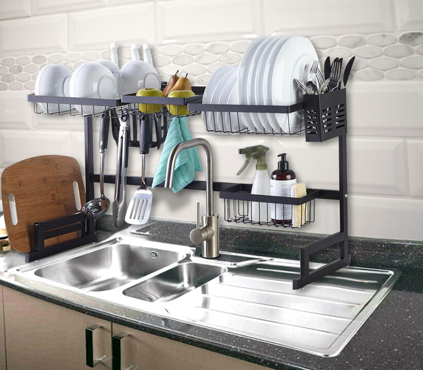 Extra Large Steel Black Powder Coated Over The Sink Dish Drying Rack Organizer
