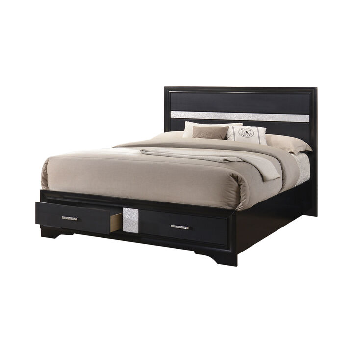 Transitional 2 Drawer Wooden Queen Size Bed with Glitter Stripe, Black