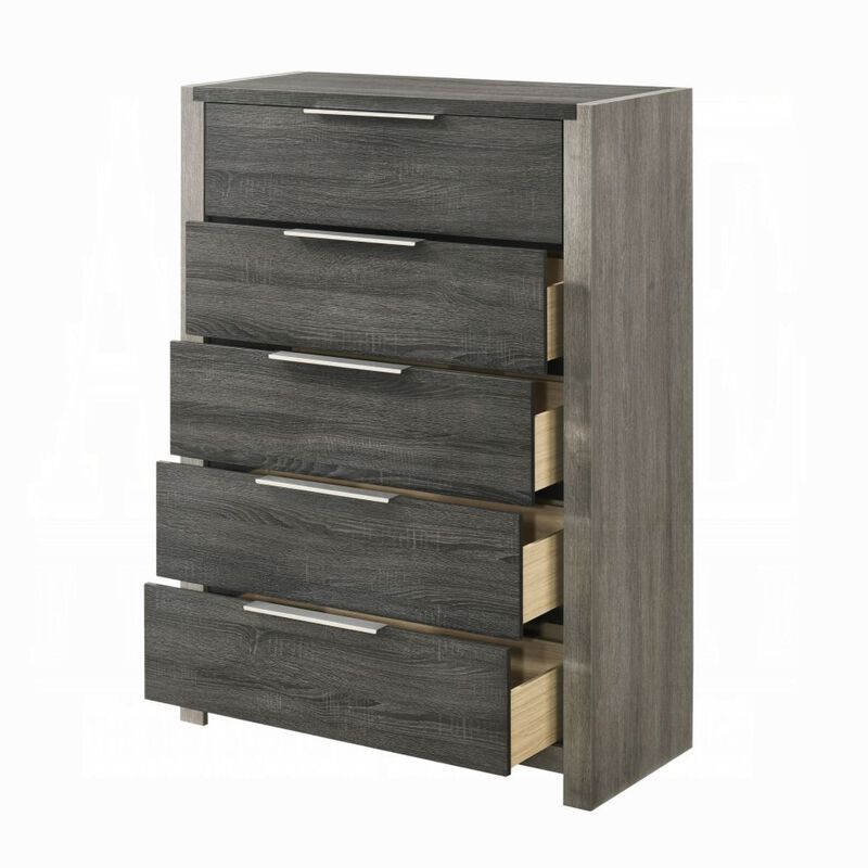 Joho Tall Dresser Chest, 5 Storage Drawers w Metal Handles, Gray Wood