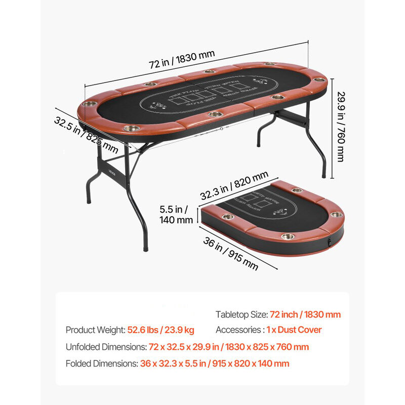 72 in Folding Poker Table with Padded Rails Cup Holders and Metal Legs image number 2