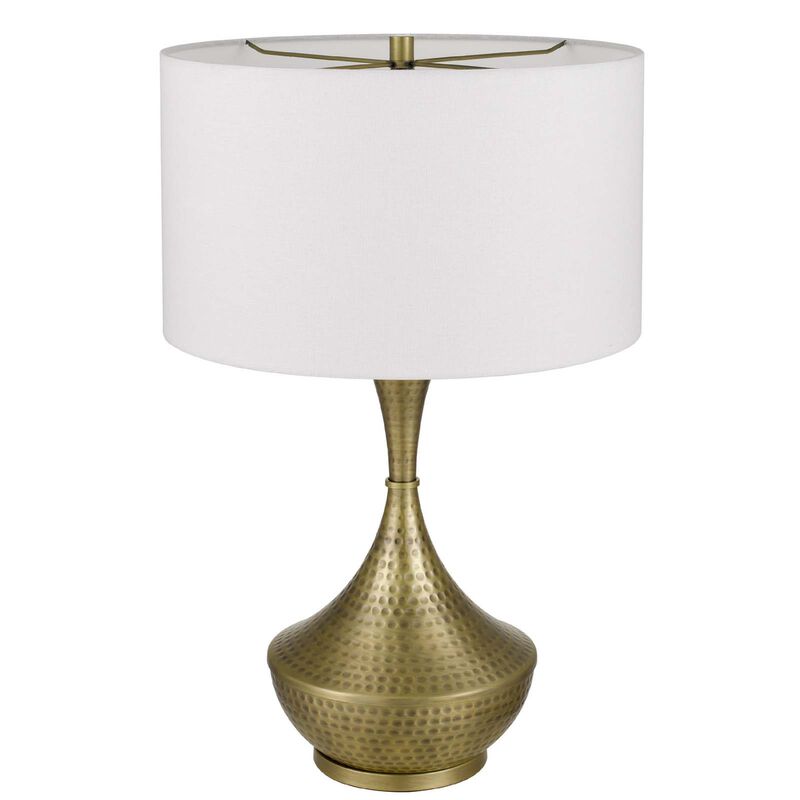 Table Lamp, White Linen Shade, Hammered Antique Brass Retro Hourglass Shape image number 3