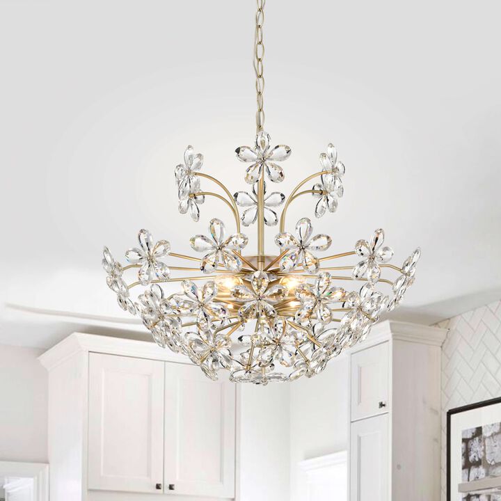 Estela 22.4" 6-Light Brushed Silver-ish Champagne Daisy Flower Crystal Large Size Chandelier
