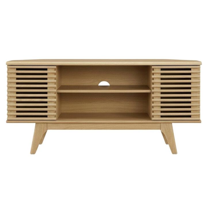 Brown wooden 46-inch corner TV stand with open shelving and versatile design