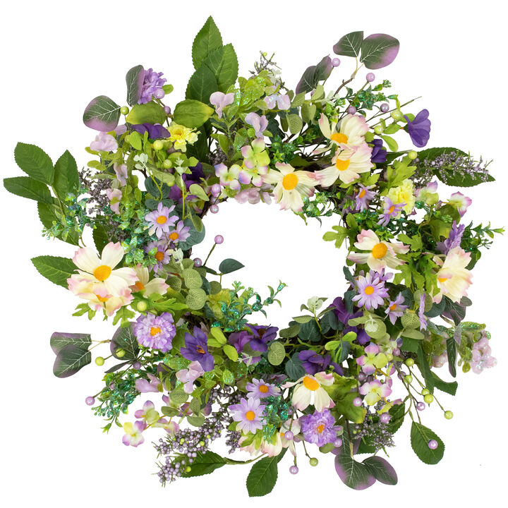 Daisy and Mixed Foliage Floral Spring Wreath - 24" - Purple