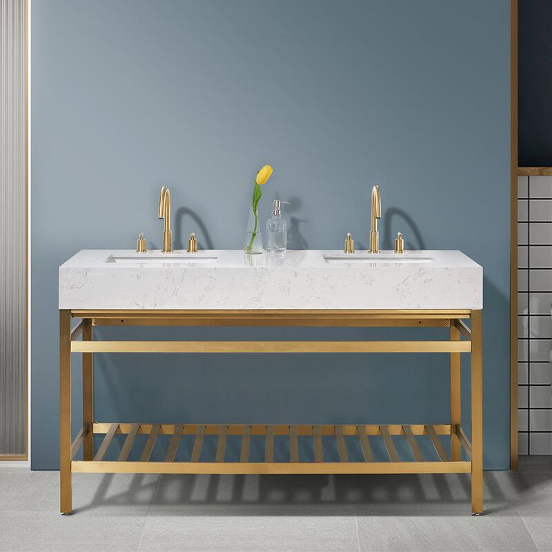 Altair 60 Double Stainless Steel Vanity Console in Brushed Gold without Mirror