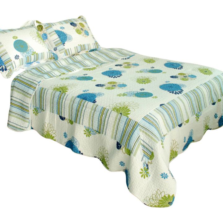 Lightweight Cotton 3PC Vermicelli-Quilted Printed Quilt Set Queen Size Blue Bedspread