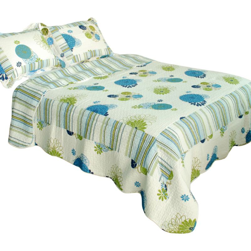 Lightweight Cotton 3PC Vermicelli-Quilted Printed Quilt Set Queen Size Blue Bedspread image number 1