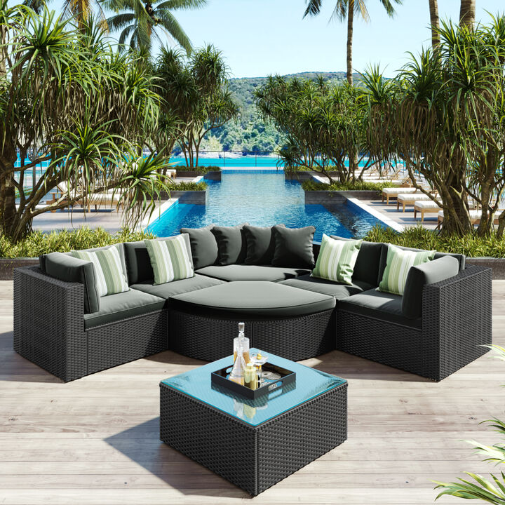 Streamdale 7pc Outdoor Wicker Sofa Set w/Green Pillows