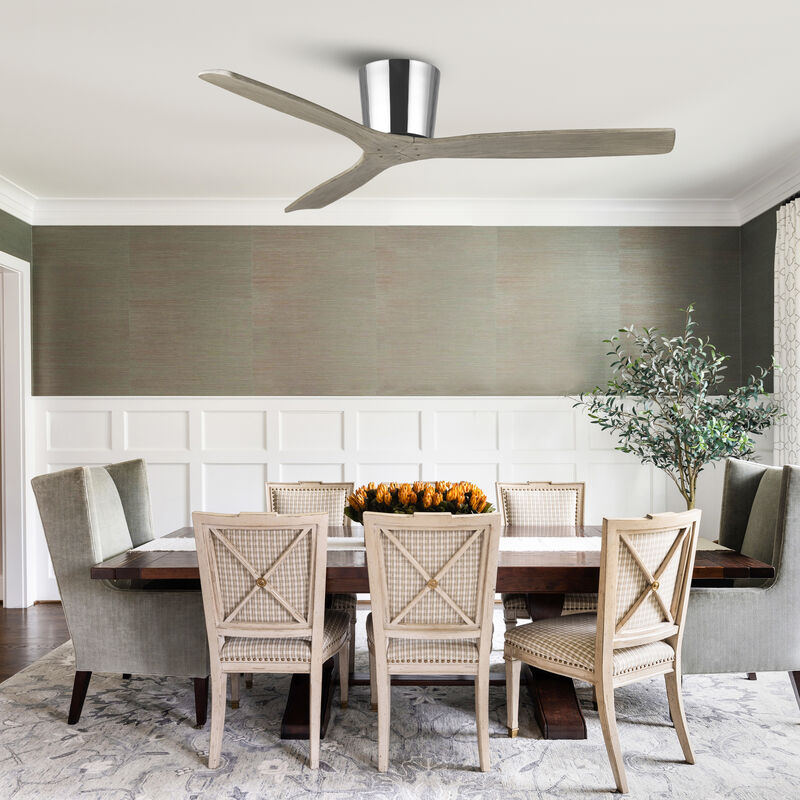 54 in. Polish Nickel Solid Wood Blades Flush Mount Ceiling Fan with Remote without Light