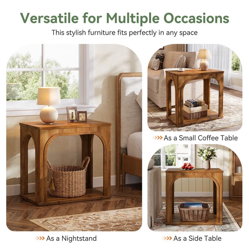 2-Tier Solid Wood Farmhouse End Table with Shelf for Living Room - Rustic Brown image number 3