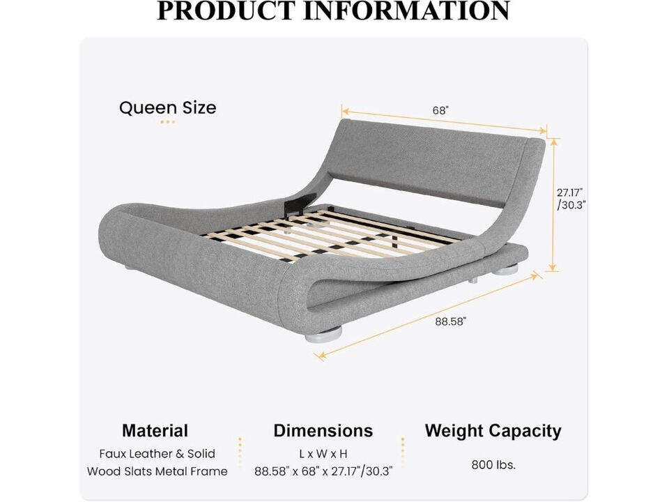 Queen Upholstered Sleigh Bed Frame &ndash; Linen Headboard Platform, No Box Spring Needed