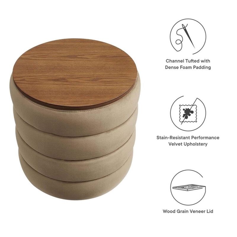 Modway Mezzo Round Performance Velvet Storage Ottoman Stool in Taupe - Channel Tufted Ottoman - Upholstered Footrest - Versatile End or Side Table with Storage image number 6