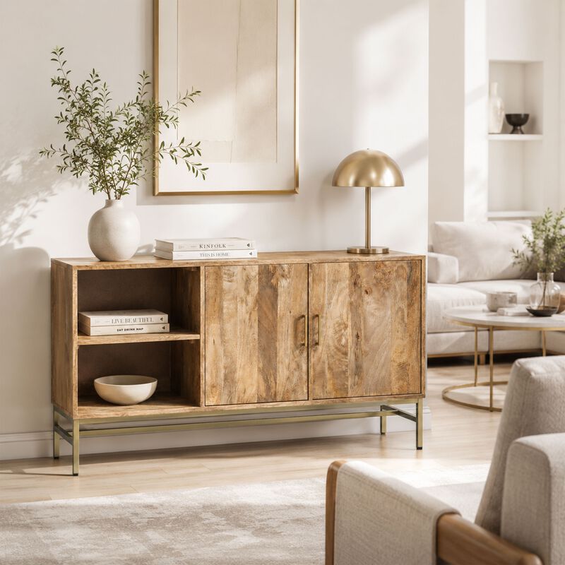 Lysa 50 Inch Sideboard Buffet Cabinet with Open Shelves, Gold Iron Base, Natural Brown Mango Wood image number 7