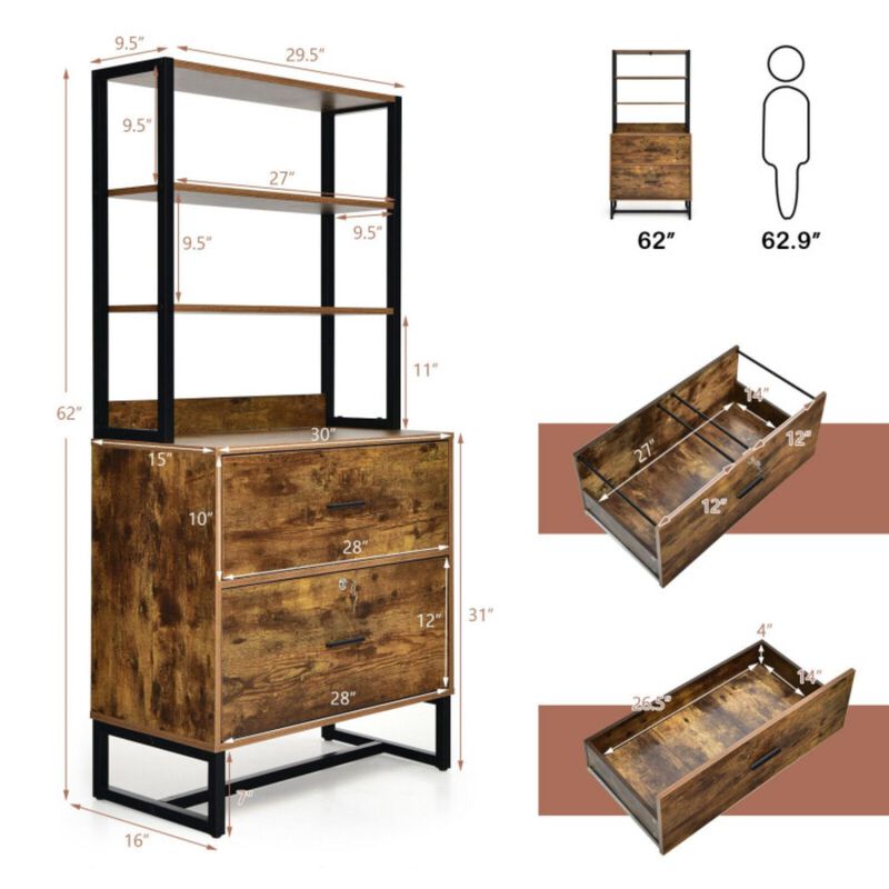 Hivvago Letter Size Lateral File Cabinet with Lock and Bookshelf