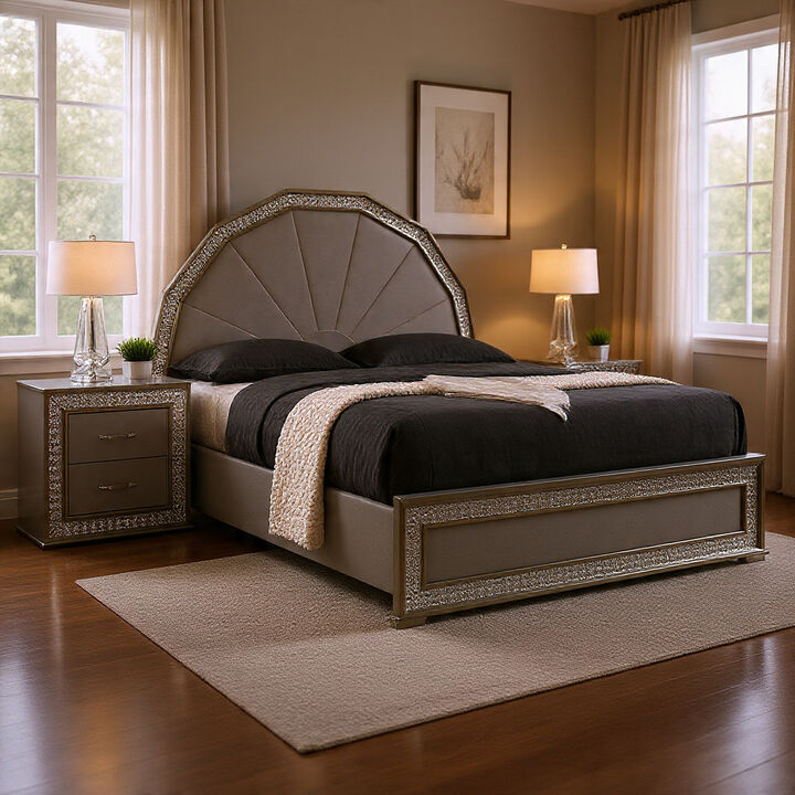 Queen Bedroom Set, Metallic Gray, Silver Wood, 2 Piece Set with Nightstand