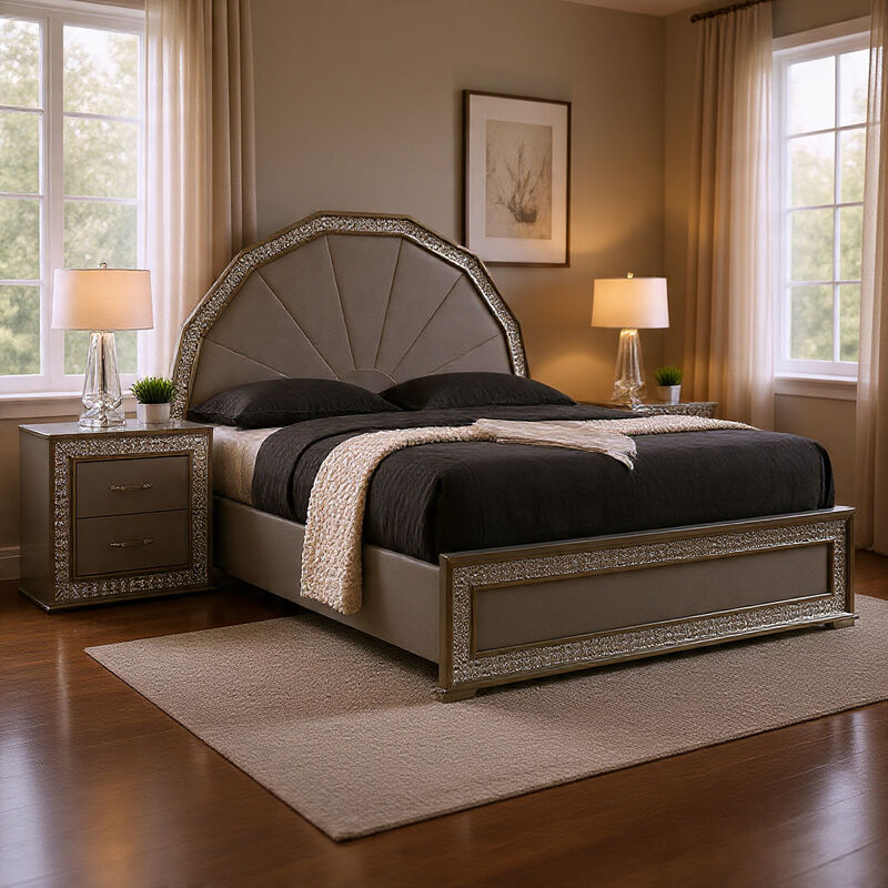 Queen Bedroom Set, Metallic Gray, Silver Wood, 2 Piece Set with Nightstand image number 1