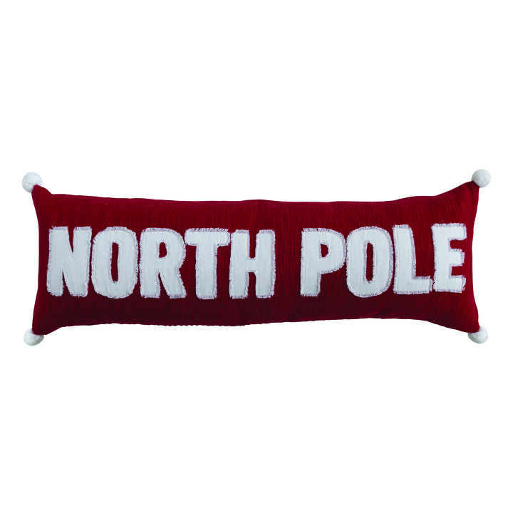 Woven Lumbar Pillow with Appliqued "North Pole" and Pom Poms, Red and White