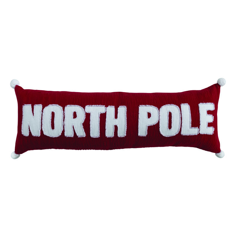 Woven Lumbar Pillow with Appliqued "North Pole" and Pom Poms, Red and White image number 0