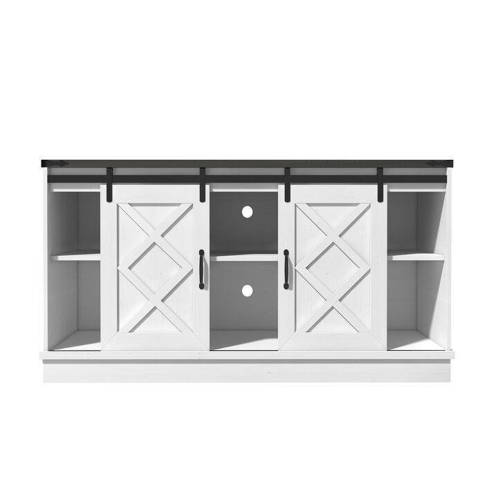 Farmhouse TV Stand for 65" TV, Wooden Media TV Console Entertainment Center wih Storage Cabinet, Sliding Barn Door and Adjustable Shelves, White