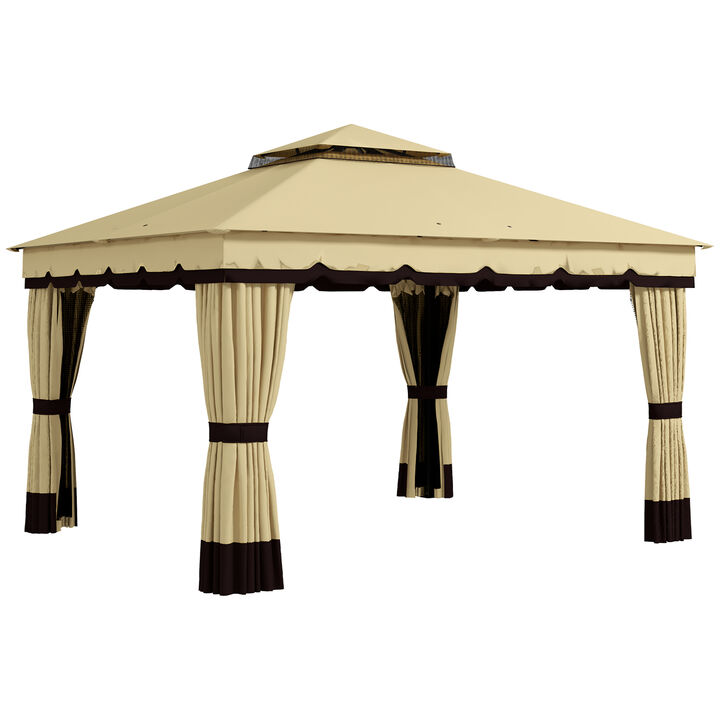 Outsunny 10' x 12' Patio Gazebo, Double Roof Outdoor Gazebo Canopy Shelter with Netting and Curtains, Solid Metal Frame for Garden, Lawn and Deck, Beige
