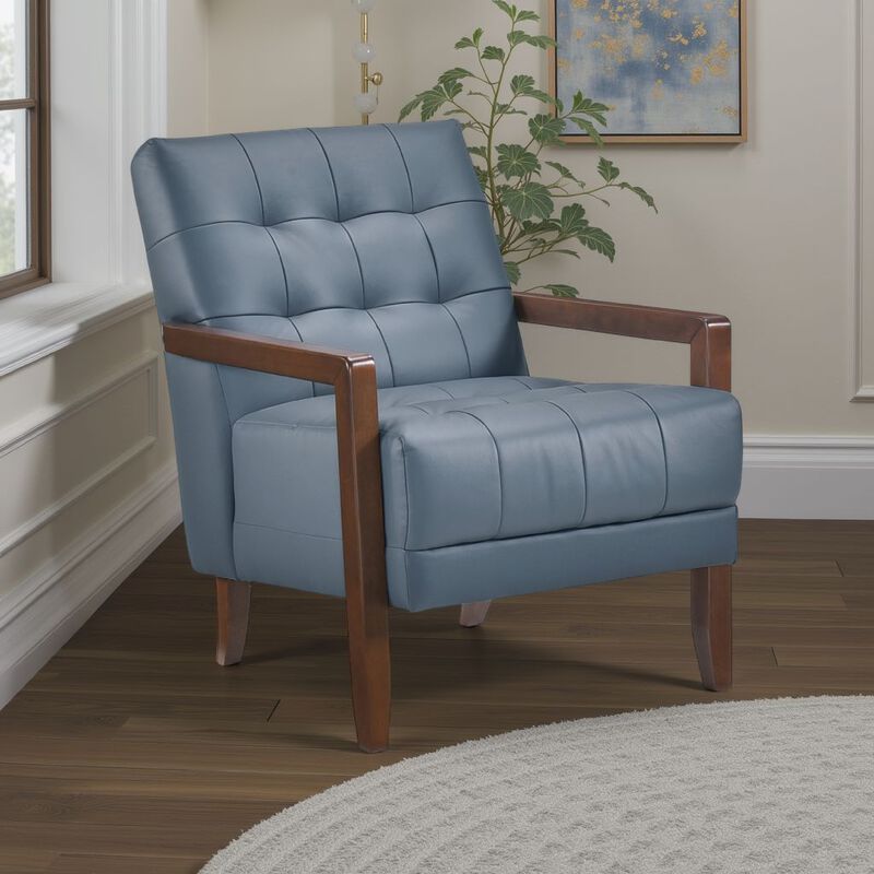 Lenie Accent Armchair, Button Tufted Blue Leather, Walnut Brown Wood
