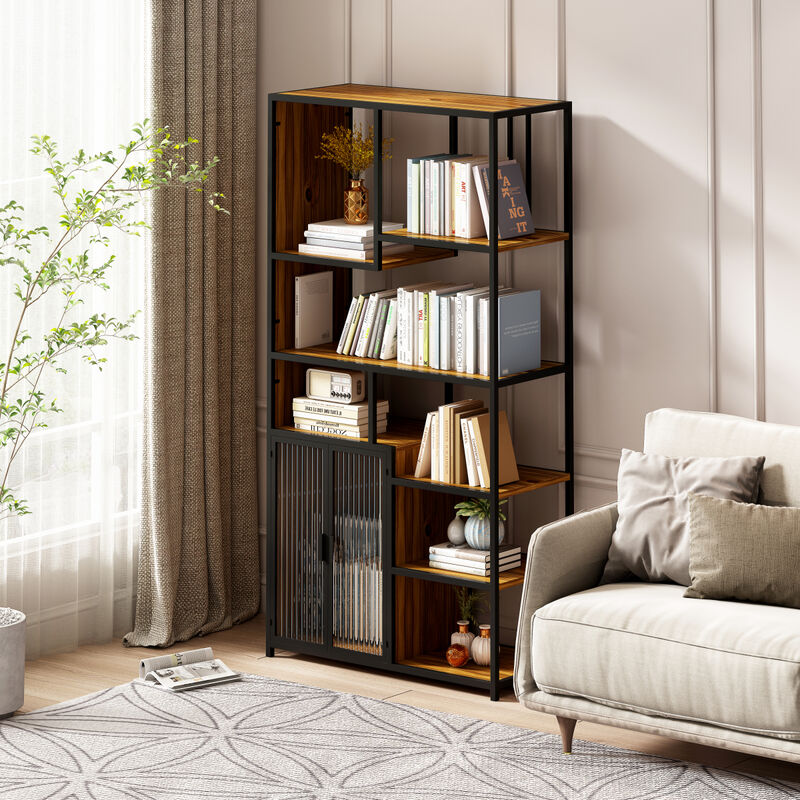 Multipurpose Bookshelf Storage Rack, Left Side with Enclosed Storage Cabinet, for Living Room, Home Office, Kitchen