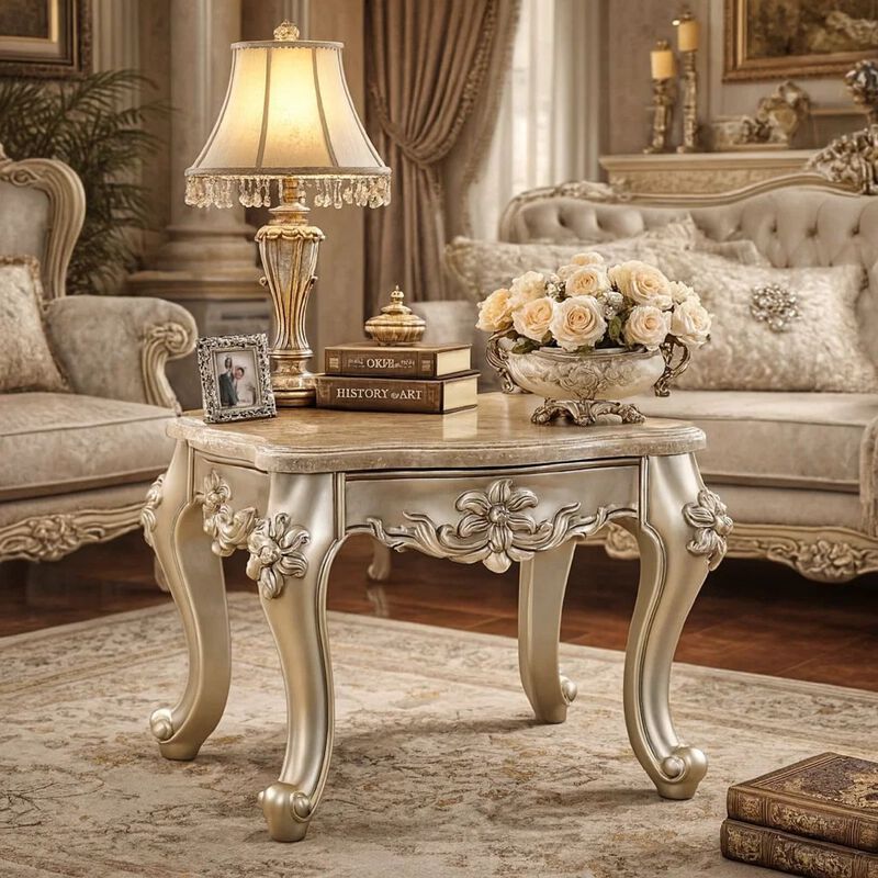 Marble Top End Table With Flower Motif Engraved Angular Wood Feet, Silver image number 1