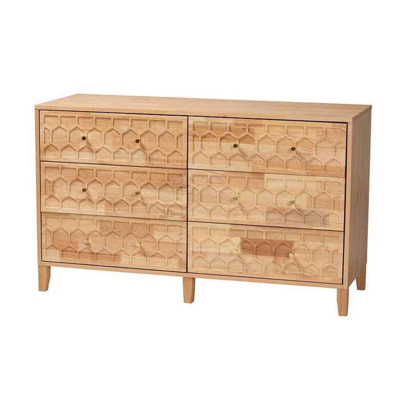 Baxton Studio Hosea Japandi Carved Honeycomb Natural 6-Drawer Dresser