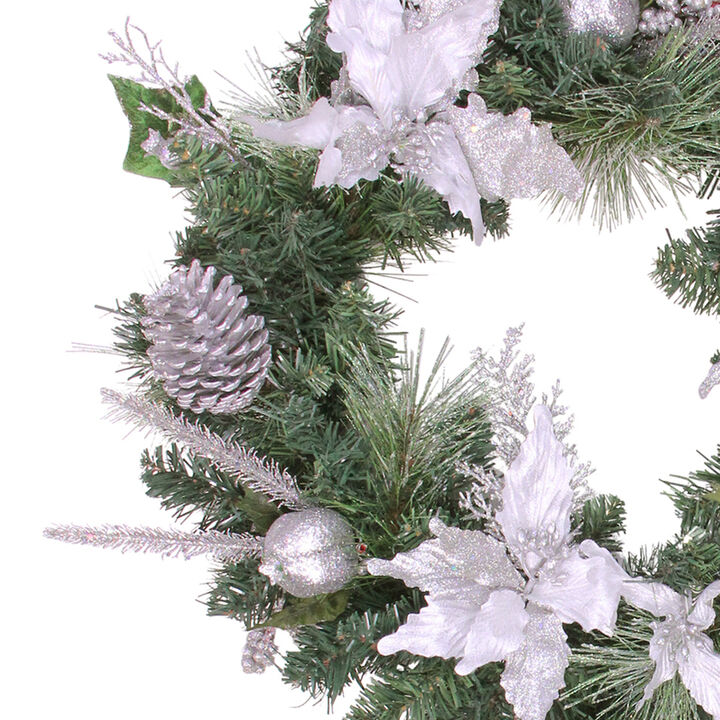 White Poinsettia and Pine Cone Artificial Christmas Wreath  24-Inch  Unlit