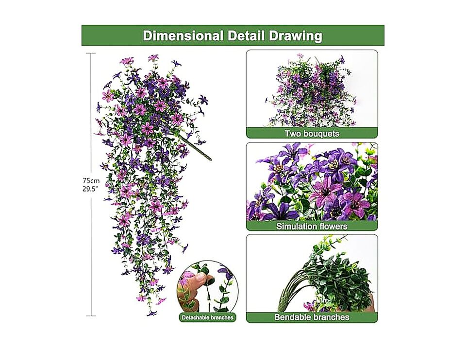 Artificial Fake Hanging Flowers Plants Outdoor Summer Decor 2 Pack Faux Silk UV