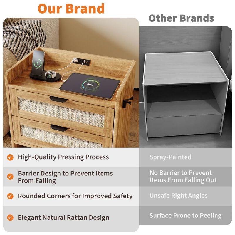Rattan Nightstand, Bedside Table with Type-C Charging Station - 2 Storage Drawer Space, Boho End Table Side Table, Walnut Brown 1pcs image number 7