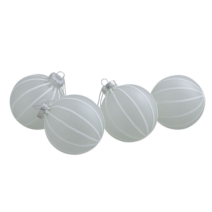 4ct Clear Frosted and White Glitter Striped Matte Glass Christmas Ball Ornaments 3.5" (90mm)
