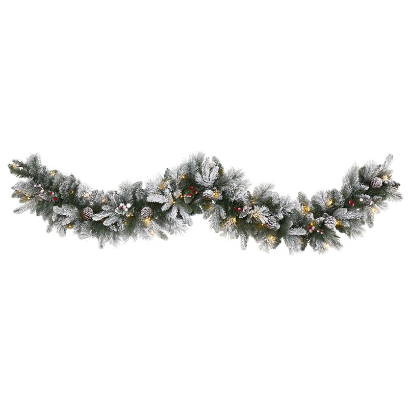 Hivvago 6" Flocked Mixed Pine Artificial Christmas Garland with 50 LED Lights, Pine Cones and Berries