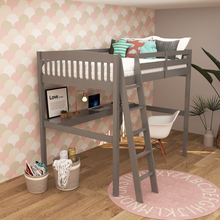 Everest Grey High Loft Bed with Desk and Storage, Space Saver Full Size Kids Loft Bed with Stairs for Toddlers Assembled in Sturdy Solid Wood, No Box Spring Needed