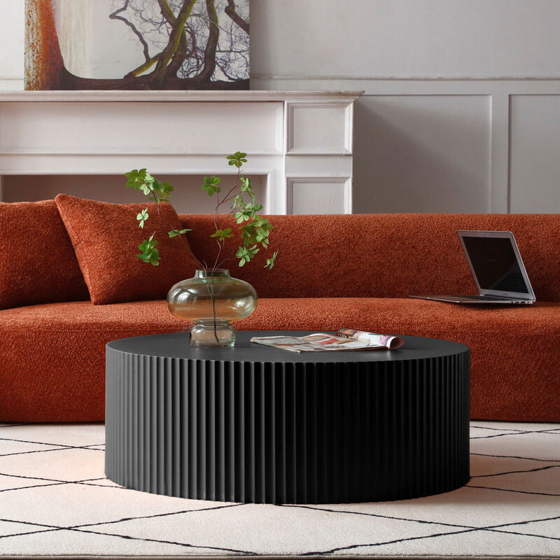 Sleek and Modern Round Coffee Table with Eye-Catching Relief Design, Black image number 2