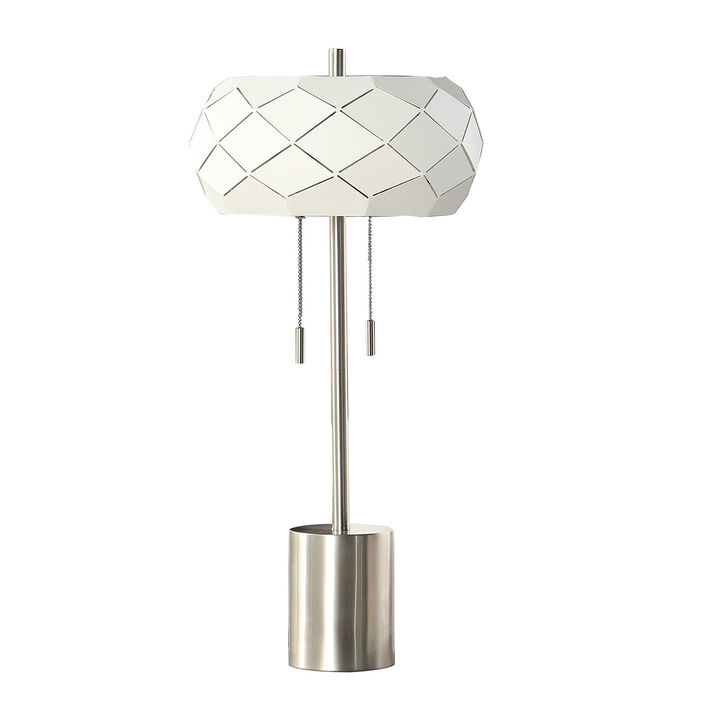 28 Inch Accent Table Lamp, Geometric Drum Shade, Metal Base, White, Silver-Benzara
