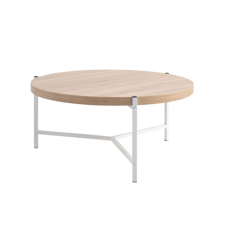 Wib 37 Inch Round Coffee Table, Sturdy Metal Frame, White Base, Brown  - Benzara