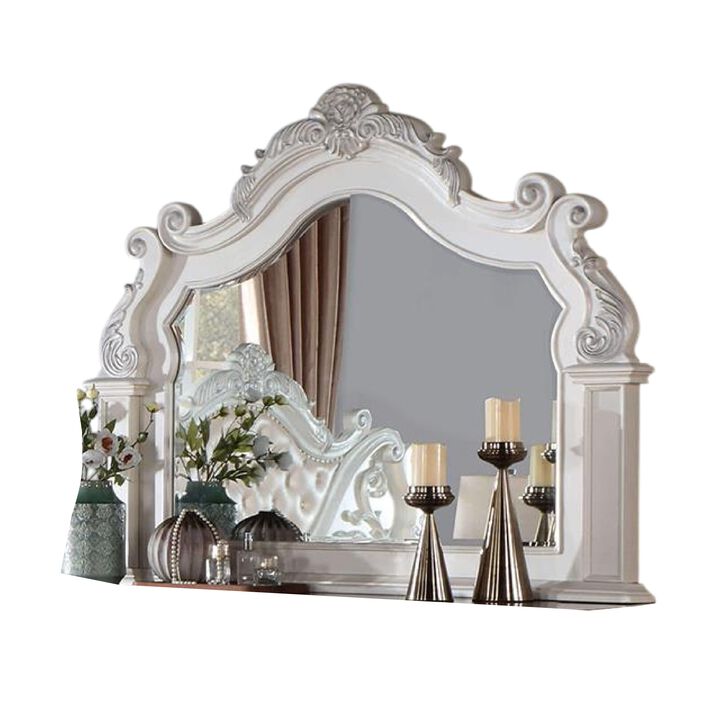Prio Dresser Mirror w Classic Wood Carved Frame, Pearl White, 59 Inch