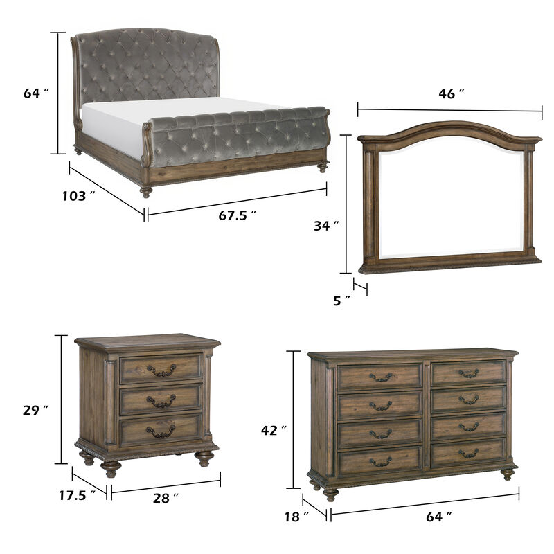 Queen Bedroom Set, Gray, Brown Wood, 5 Piece Set with 2 Nightstands, Dresser, and Mirror image number 7