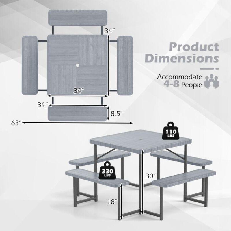 Hivvago Outdoor Square Picnic Table Bench Set for 4-8 People with Umbrella Hole