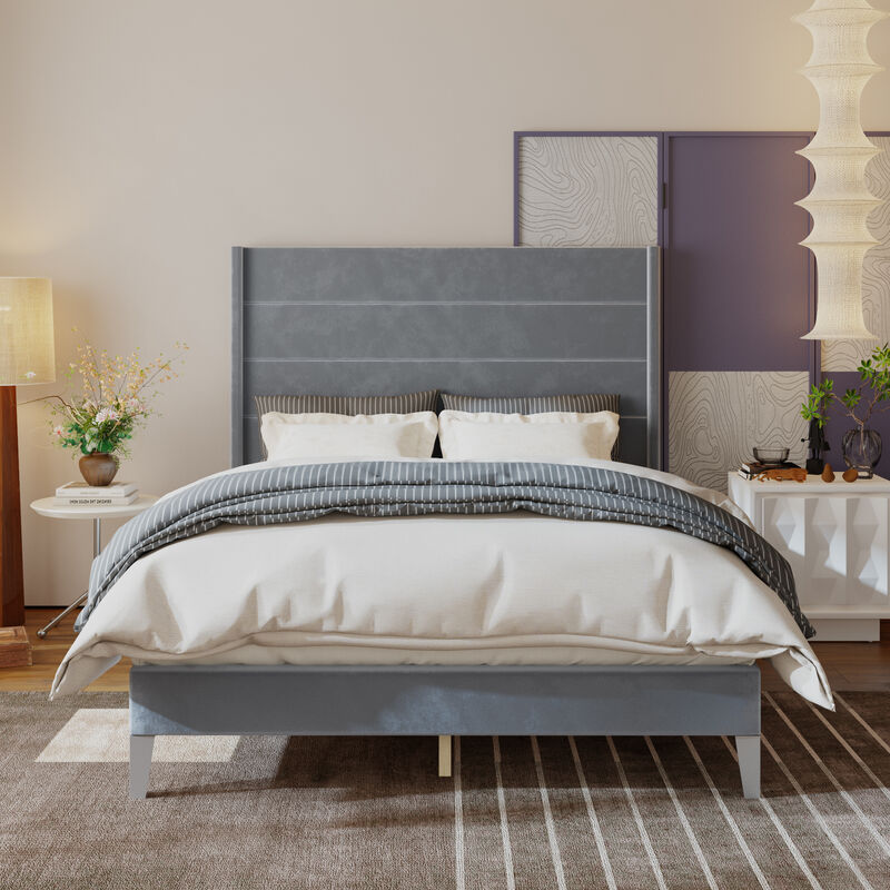 FUFU&GAGA Gray Upholstered Platform Bed with Padded Headboard, Reinforced Slat Support & Elevated Legs, Queen Size Bed Frame (83.5 in. L x 63.8 in. W x 55.3 in. H)