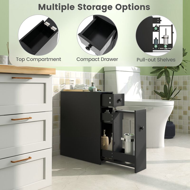 Costway Bathroom Floor Cabinet Toilet Narrow Storage Organizer with Flip Top Black image number 7