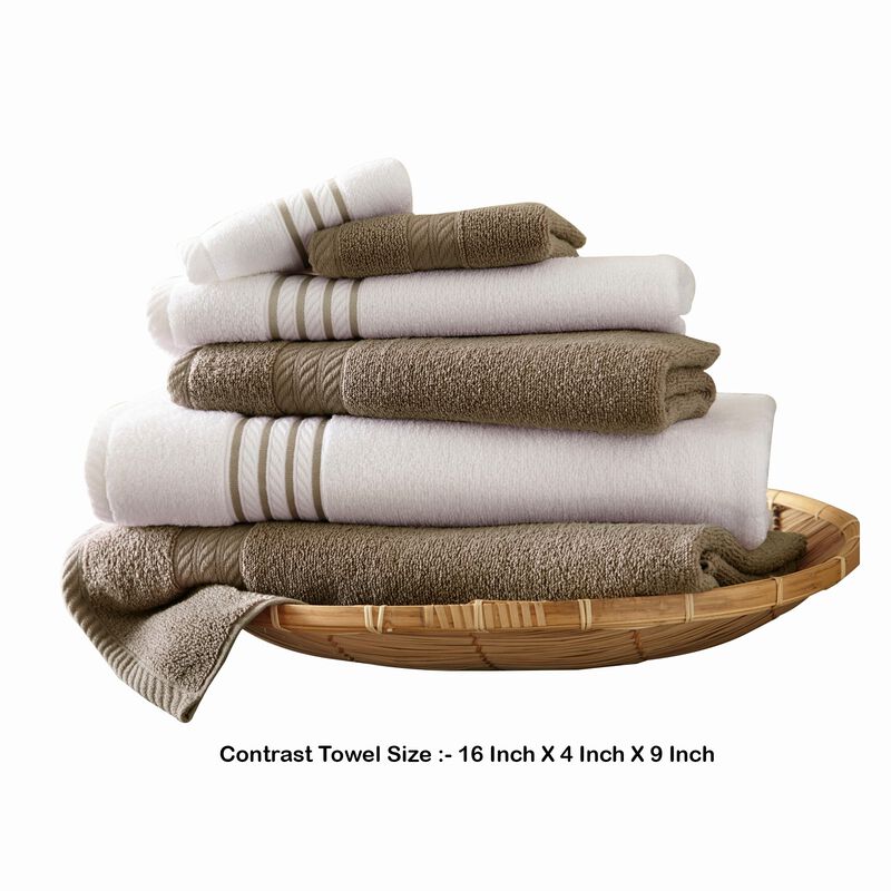 Dana 6 Piece Soft Egyptian Cotton Towel Set, Striped Pattern, Taupe, White-Benzara
